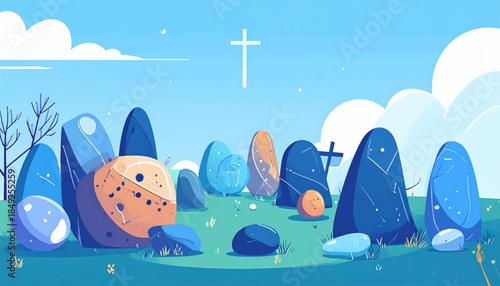 Easter scenery with egg-shaped rocks under a light blue sky and white cross in distance