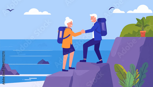 Elderly couple hiking with backpacks, reaching a peak with a seaside view, holding hands for support