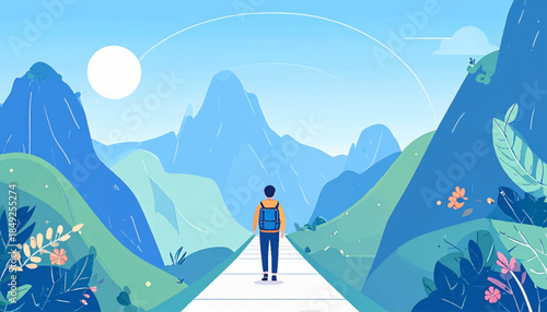 Backpacker walking toward distant mountains, framed by stylized trees against a light blue, sunny sky