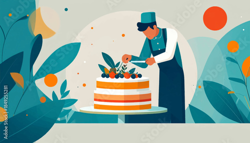 Baker decorating a layered cake with berries and foliage, surrounded by stylized leaves and abstract shapes