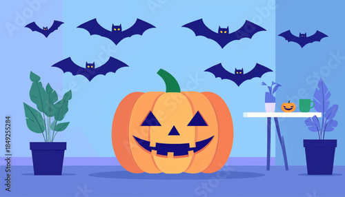 Cartoon style Halloween scene with pumpkin, bats, plants and a table in a blue and purple color scheme