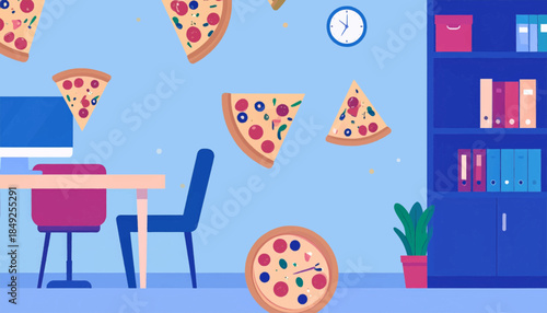 Colorful office scene with flying pizza slices, a desk, chair, bookcase, clock, and potted plant on a light blue background