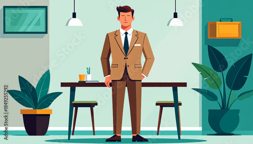 Elegant man in suit stands confidently in a clean, modern office setting with plants and muted colors