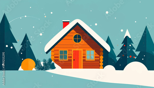 Charming, stylized winter scene with a cozy log cabin nestled among snow-covered pine trees under a light blue sky