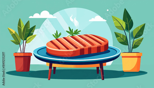 Cartoon style. Hot steak on blue table surrounded by potted green plants. Light teal background
