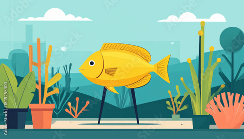 Cartoon style drawing of a fish standing on legs, aquarium plants, clouds, city background, simple shapes, flat