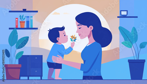Child lovingly offering autumn leaves to a woman, interior setting. Soft blues, peach, simple illustration style