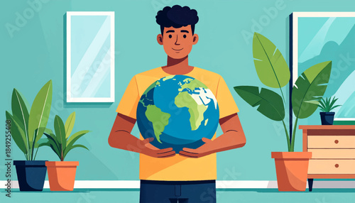 Cartoon style illustration of a person holding a globe in a room with plants, chest of drawers and a frame