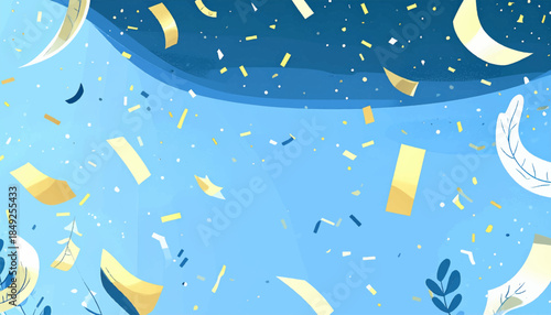 Festive blue illustration with confetti and abstract botanical elements in a scattered arrangement