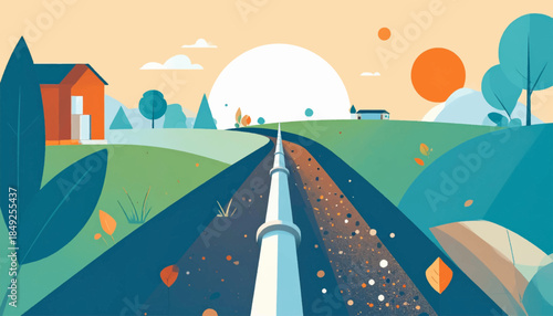 Colorful, stylized illustration of a path leading to the sun with houses, trees, and a vibrant, tranquil setting