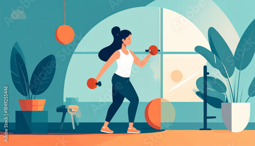 Flat illustration of a woman exercising indoors with dumbbells in a teal and orange room with plants