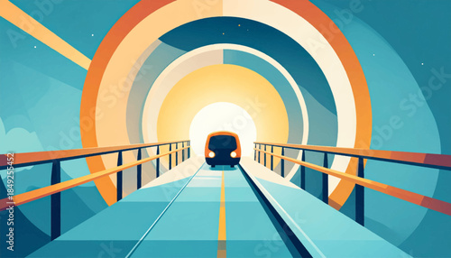 Colorful stylized illustration of a train on a bridge with a bright, circular tunnel exit ahead
