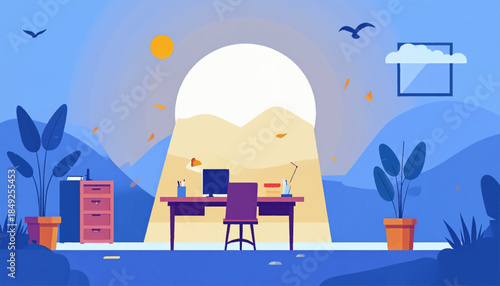 Colorful stylized illustration of a tidy desk area with desert-mountain backdrop and light