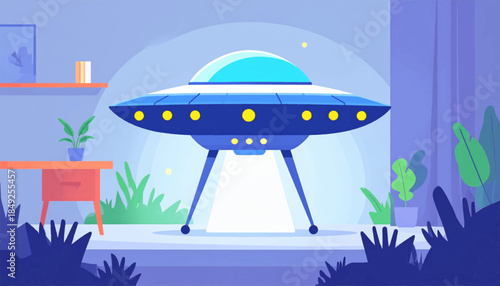 Colorful, stylized illustration of a UFO with light beaming down inside a house, with plants