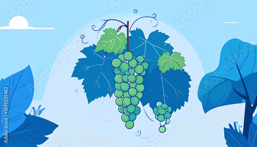 Cartoon style image of green grapes with stylized blue leaves and sky, whimsical feel