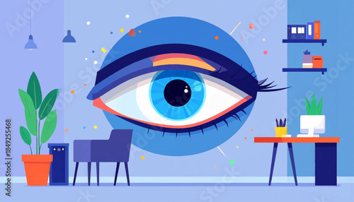 Colorful stylized illustration shows a workspace dominated by a large, stylized eye