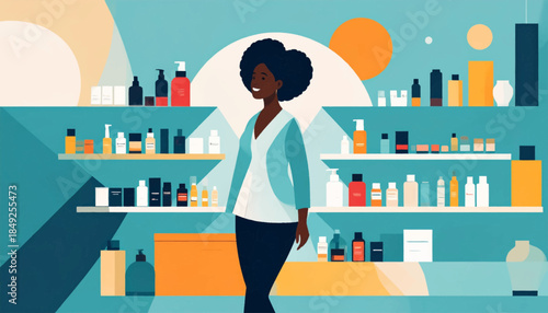 Flat illustration of a woman in a shop with beauty products on shelves, in hues of blue, orange and beige