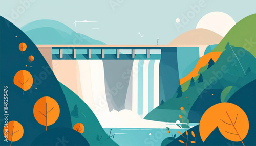 Colorful stylized landscape featuring a dam, flowing water, trees, mountains, sky, sun