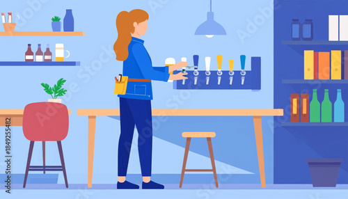 Flat illustration of a woman pouring beer in a bar with shelves and various items on a light blue background