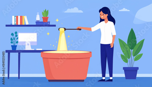 Flat illustration of a woman stirring a pot with a spoon in a modern home office