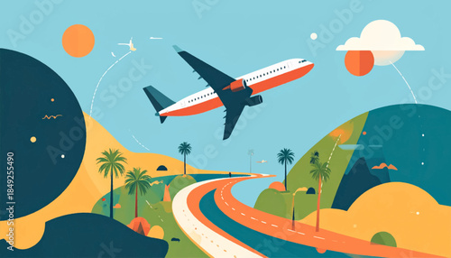 Colorful stylized landscape with a plane taking off into a blue sky and a winding road below