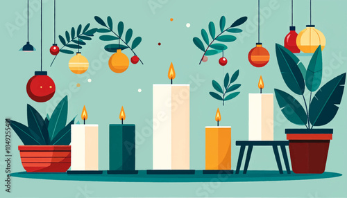Festive scene featuring burning candles, potted plants, hanging ornaments, and stylized foliage against a teal backdrop