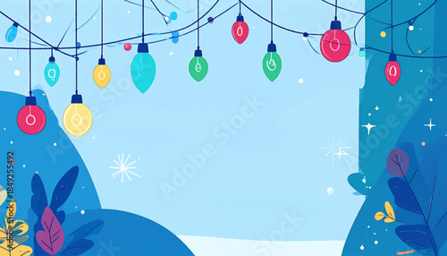 Festive scene Colorful bulbs hang above stylized foliage on a winter-blue background, evoking holiday cheer
