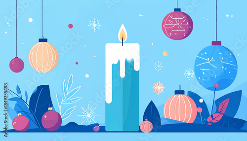 Festive scene with a candle, hanging ornaments, snowflakes and leaves on a pale blue background
