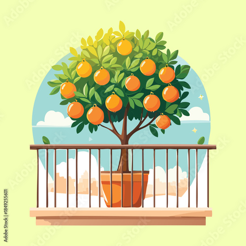 Ripe orange fruit tree plants growing in a pot on a sunny balcony