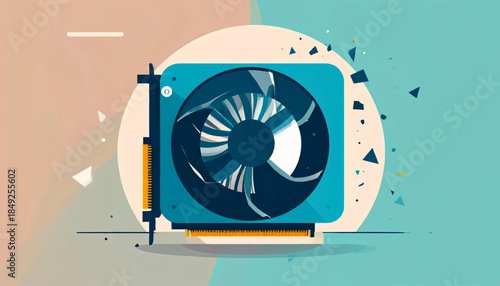 Computer graphic card illustration with blue fan and golden pins on a pastel background
