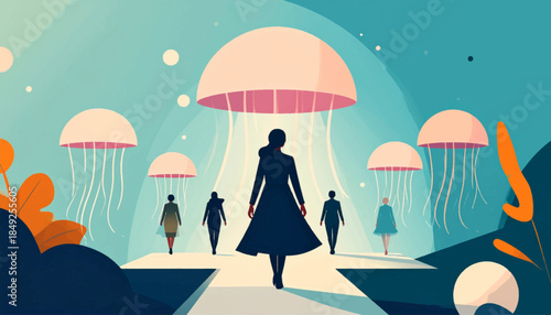 Figures walk on a path beneath jellyfish floating in a teal and beige dreamscape illustration