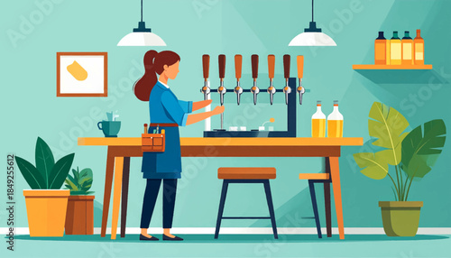 Flat illustration of bartender near beer taps, bottles, stools, hanging lights, wall art, and potted plants