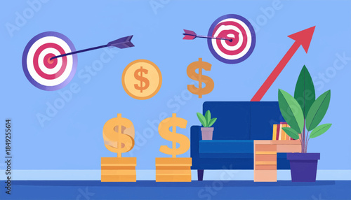 Financial growth depiction with targets, arrows, coin stacks, and a rising trend line in front of a sofa and plants