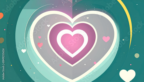 Concentric heart shapes in shades of pink, teal, gray, and white on a teal background with scattered spots and hearts