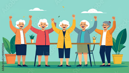 Five animated elderly women cheer with arms raised against a turquoise background, confetti falling, with plants nearby