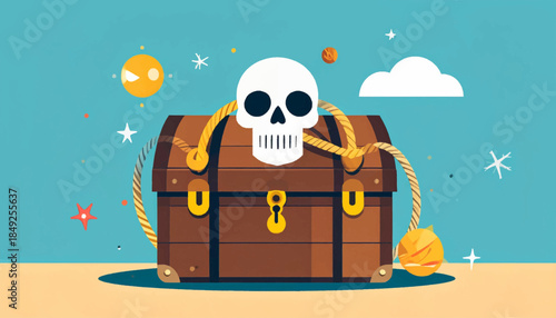 Cartoon treasure chest with skull, rope, stylized sun, cloud, and stars on a blue background