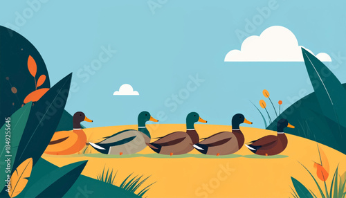 Five ducks wade on yellow ground under blue sky with foliage accents and puffy clouds