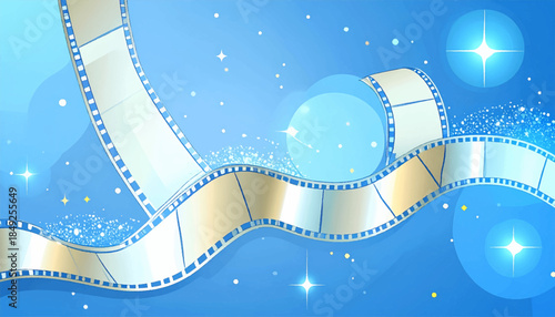 Film reel on a light blue abstract background with stars and sparkling dots, cartoon style