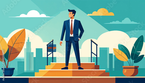 Confident man in a suit stands on stairs overlooking city view with plants