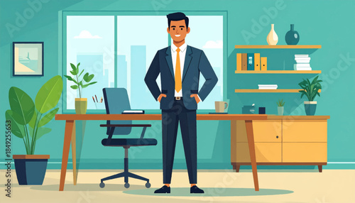 Confident man stands in his modern office with desk, chair, plants, and shelves on the right