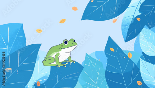 Cartoon frog sitting among stylized blue leaves, with light blue background and falling yellow leaves