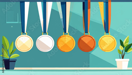 Five medals, hanging on a wall with potted plants on a shelf