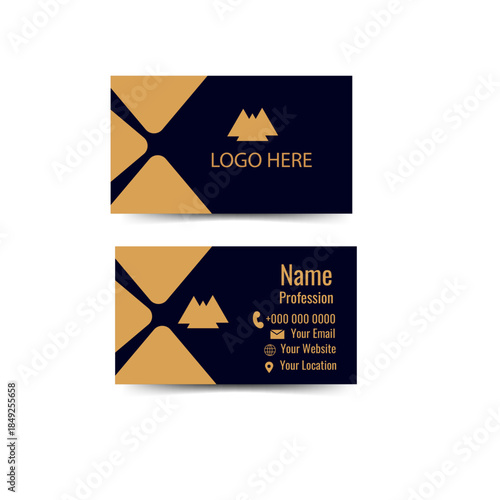 Modern Gold and Navy Blue Business Card Template with Abstract Geometric Design and Logo Placeholder