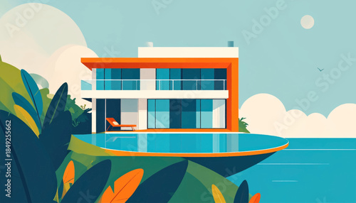 Contemporary house with a pool overlooking the ocean in a vibrant, stylized design