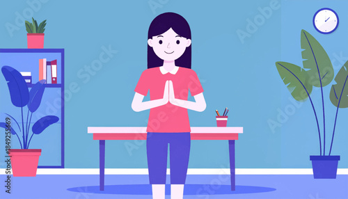 Flat art of a young woman in prayer pose in an office setting with plants, a clock, and stationery on a desk