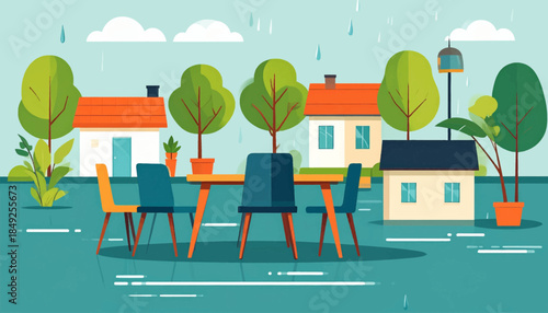Flat illustration of houses and an outdoor dining set with trees, under a rainy sky, reflected in the ground