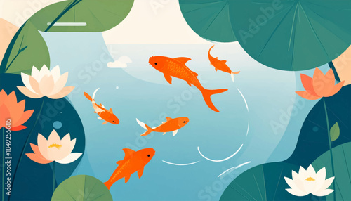 Flat illustration of orange koi fish swimming in a pond with lotus flowers and lily pads