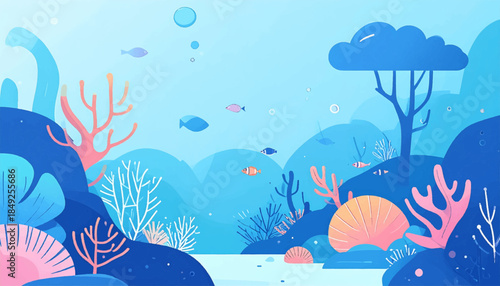 Cartoon underwater scene with fishes, coral, plants, and bubbles in varying shades of blue and pink