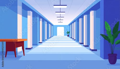 Corridor with pillars, plants, and table, depicted in vector style with shades of blue and artificial lighting