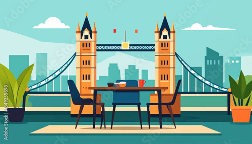 Flat cartoon style indoor scene of Tower Bridge behind a table setting with city skyline and cloudy sky